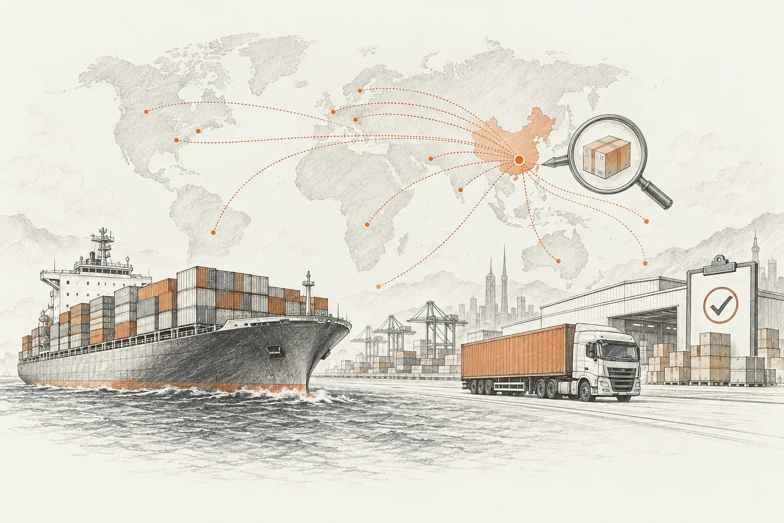 World map sketch with routes from China, a container ship, truck, product search and quality inspection symbols